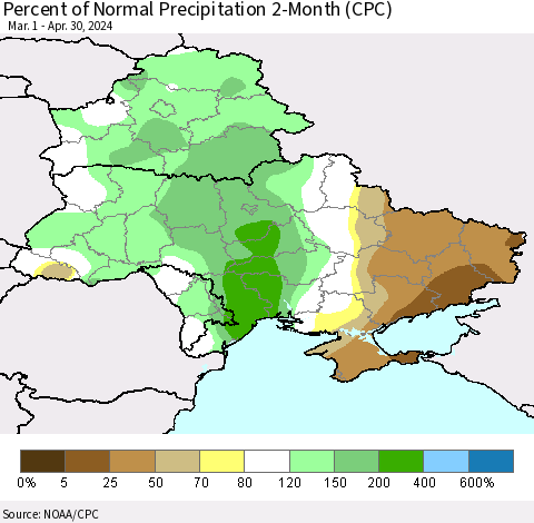 Ukraine, Moldova and Belarus Percent of Normal Precipitation 2-Month (CPC) Thematic Map For 3/1/2024 - 4/30/2024