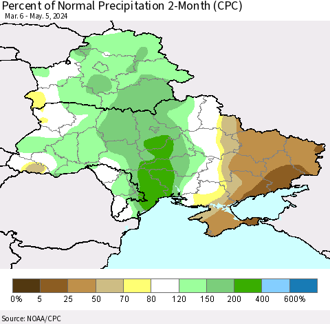 Ukraine, Moldova and Belarus Percent of Normal Precipitation 2-Month (CPC) Thematic Map For 3/6/2024 - 5/5/2024