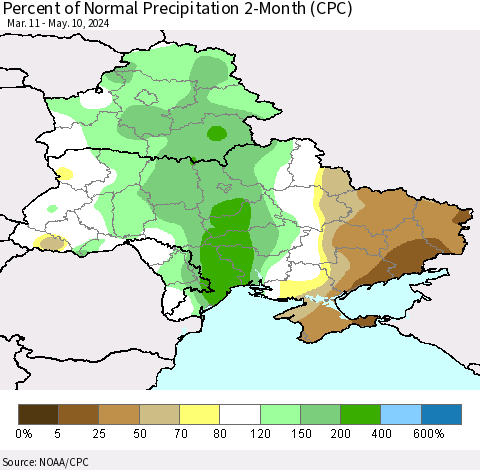 Ukraine, Moldova and Belarus Percent of Normal Precipitation 2-Month (CPC) Thematic Map For 3/11/2024 - 5/10/2024