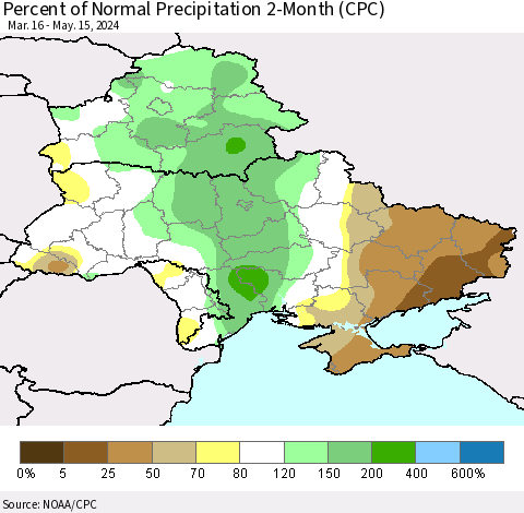 Ukraine, Moldova and Belarus Percent of Normal Precipitation 2-Month (CPC) Thematic Map For 3/16/2024 - 5/15/2024