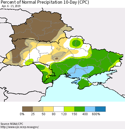 Ukraine, Moldova and Belarus Percent of Normal Precipitation 10-Day (CPC) Thematic Map For 4/6/2019 - 4/15/2019
