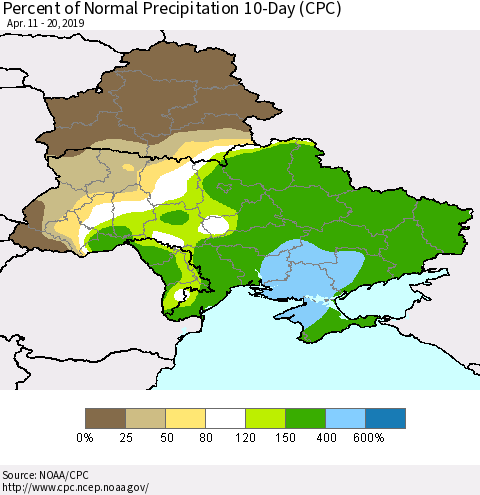Ukraine, Moldova and Belarus Percent of Normal Precipitation 10-Day (CPC) Thematic Map For 4/11/2019 - 4/20/2019