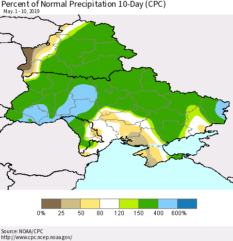 Ukraine, Moldova and Belarus Percent of Normal Precipitation 10-Day (CPC) Thematic Map For 5/1/2019 - 5/10/2019