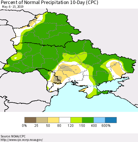 Ukraine, Moldova and Belarus Percent of Normal Precipitation 10-Day (CPC) Thematic Map For 5/6/2019 - 5/15/2019