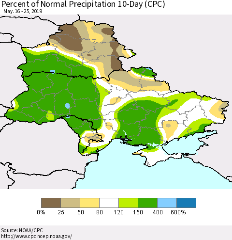 Ukraine, Moldova and Belarus Percent of Normal Precipitation 10-Day (CPC) Thematic Map For 5/16/2019 - 5/25/2019