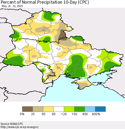 Ukraine, Moldova and Belarus Percent of Normal Precipitation 10-Day (CPC) Thematic Map For 5/21/2019 - 5/31/2019