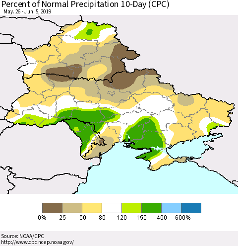 Ukraine, Moldova and Belarus Percent of Normal Precipitation 10-Day (CPC) Thematic Map For 5/26/2019 - 6/5/2019