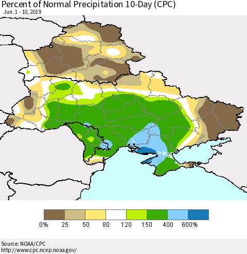 Ukraine, Moldova and Belarus Percent of Normal Precipitation 10-Day (CPC) Thematic Map For 6/1/2019 - 6/10/2019