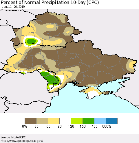 Ukraine, Moldova and Belarus Percent of Normal Precipitation 10-Day (CPC) Thematic Map For 6/11/2019 - 6/20/2019