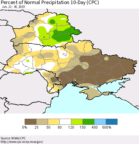 Ukraine, Moldova and Belarus Percent of Normal Precipitation 10-Day (CPC) Thematic Map For 6/21/2019 - 6/30/2019