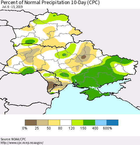 Ukraine, Moldova and Belarus Percent of Normal Precipitation 10-Day (CPC) Thematic Map For 7/6/2019 - 7/15/2019