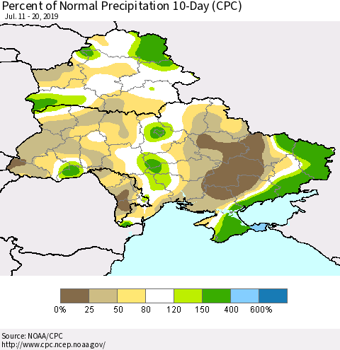 Ukraine, Moldova and Belarus Percent of Normal Precipitation 10-Day (CPC) Thematic Map For 7/11/2019 - 7/20/2019