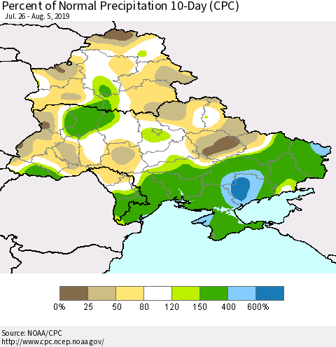 Ukraine, Moldova and Belarus Percent of Normal Precipitation 10-Day (CPC) Thematic Map For 7/26/2019 - 8/5/2019