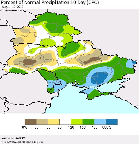 Ukraine, Moldova and Belarus Percent of Normal Precipitation 10-Day (CPC) Thematic Map For 8/1/2019 - 8/10/2019