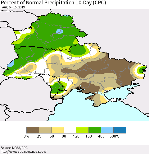 Ukraine, Moldova and Belarus Percent of Normal Precipitation 10-Day (CPC) Thematic Map For 8/6/2019 - 8/15/2019