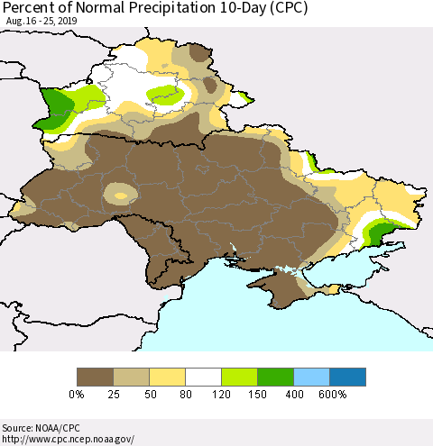Ukraine, Moldova and Belarus Percent of Normal Precipitation 10-Day (CPC) Thematic Map For 8/16/2019 - 8/25/2019