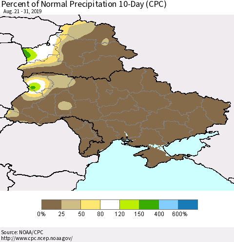 Ukraine, Moldova and Belarus Percent of Normal Precipitation 10-Day (CPC) Thematic Map For 8/21/2019 - 8/31/2019