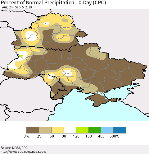 Ukraine, Moldova and Belarus Percent of Normal Precipitation 10-Day (CPC) Thematic Map For 8/26/2019 - 9/5/2019