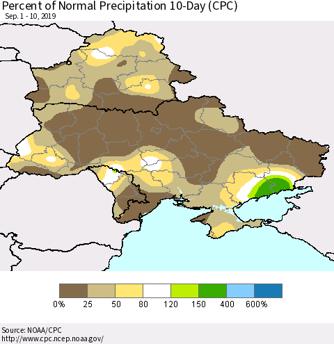 Ukraine, Moldova and Belarus Percent of Normal Precipitation 10-Day (CPC) Thematic Map For 9/1/2019 - 9/10/2019