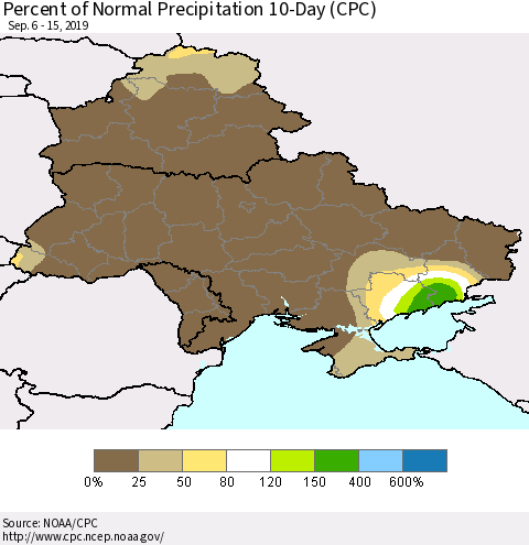 Ukraine, Moldova and Belarus Percent of Normal Precipitation 10-Day (CPC) Thematic Map For 9/6/2019 - 9/15/2019