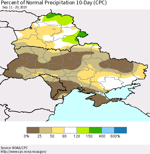 Ukraine, Moldova and Belarus Percent of Normal Precipitation 10-Day (CPC) Thematic Map For 9/11/2019 - 9/20/2019