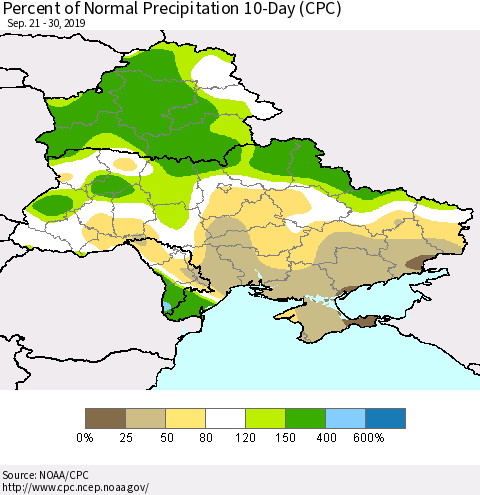 Ukraine, Moldova and Belarus Percent of Normal Precipitation 10-Day (CPC) Thematic Map For 9/21/2019 - 9/30/2019