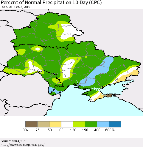 Ukraine, Moldova and Belarus Percent of Normal Precipitation 10-Day (CPC) Thematic Map For 9/26/2019 - 10/5/2019
