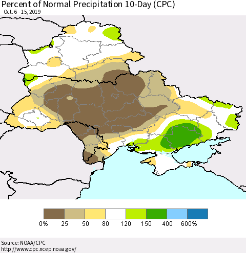 Ukraine, Moldova and Belarus Percent of Normal Precipitation 10-Day (CPC) Thematic Map For 10/6/2019 - 10/15/2019