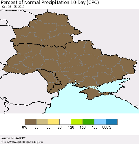 Ukraine, Moldova and Belarus Percent of Normal Precipitation 10-Day (CPC) Thematic Map For 10/16/2019 - 10/25/2019
