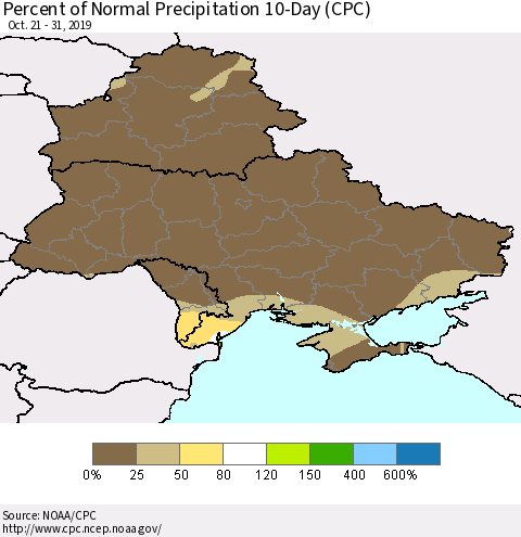 Ukraine, Moldova and Belarus Percent of Normal Precipitation 10-Day (CPC) Thematic Map For 10/21/2019 - 10/31/2019