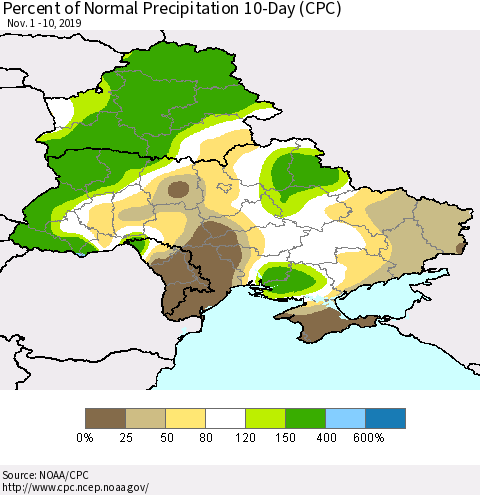 Ukraine, Moldova and Belarus Percent of Normal Precipitation 10-Day (CPC) Thematic Map For 11/1/2019 - 11/10/2019