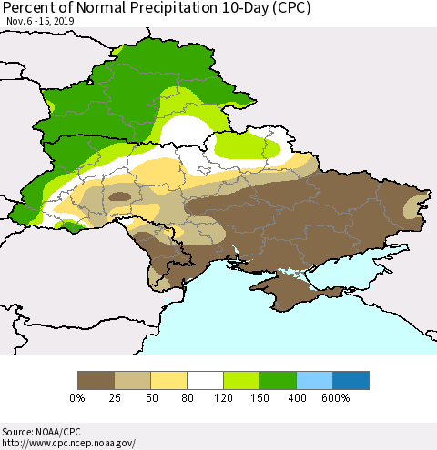 Ukraine, Moldova and Belarus Percent of Normal Precipitation 10-Day (CPC) Thematic Map For 11/6/2019 - 11/15/2019