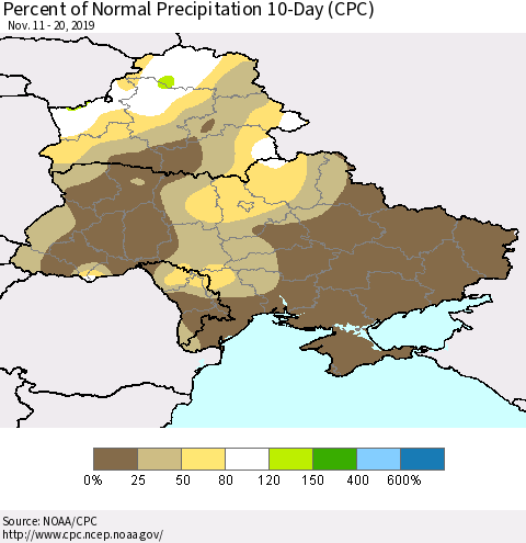 Ukraine, Moldova and Belarus Percent of Normal Precipitation 10-Day (CPC) Thematic Map For 11/11/2019 - 11/20/2019