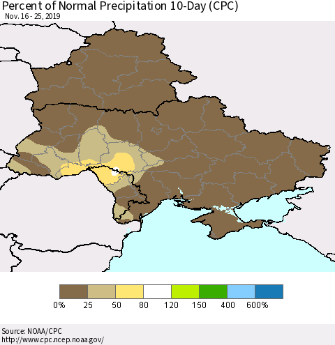 Ukraine, Moldova and Belarus Percent of Normal Precipitation 10-Day (CPC) Thematic Map For 11/16/2019 - 11/25/2019