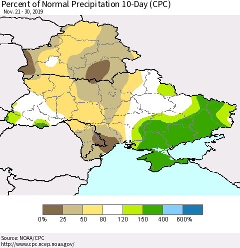 Ukraine, Moldova and Belarus Percent of Normal Precipitation 10-Day (CPC) Thematic Map For 11/21/2019 - 11/30/2019