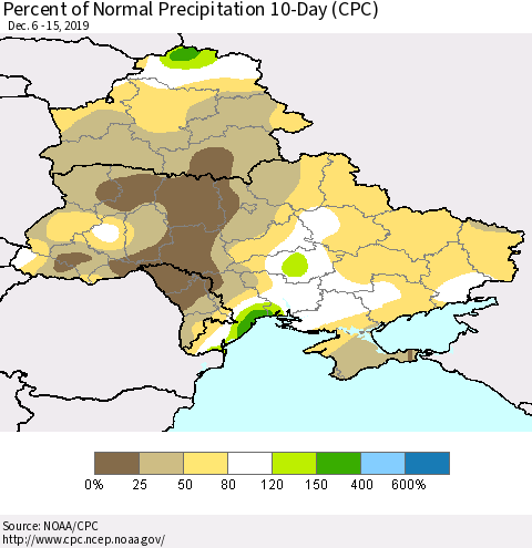 Ukraine, Moldova and Belarus Percent of Normal Precipitation 10-Day (CPC) Thematic Map For 12/6/2019 - 12/15/2019