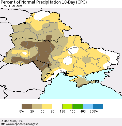Ukraine, Moldova and Belarus Percent of Normal Precipitation 10-Day (CPC) Thematic Map For 12/11/2019 - 12/20/2019