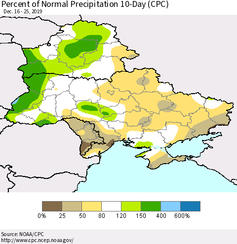 Ukraine, Moldova and Belarus Percent of Normal Precipitation 10-Day (CPC) Thematic Map For 12/16/2019 - 12/25/2019