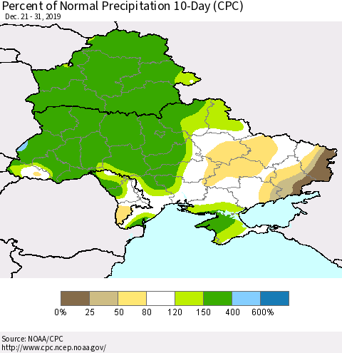 Ukraine, Moldova and Belarus Percent of Normal Precipitation 10-Day (CPC) Thematic Map For 12/21/2019 - 12/31/2019