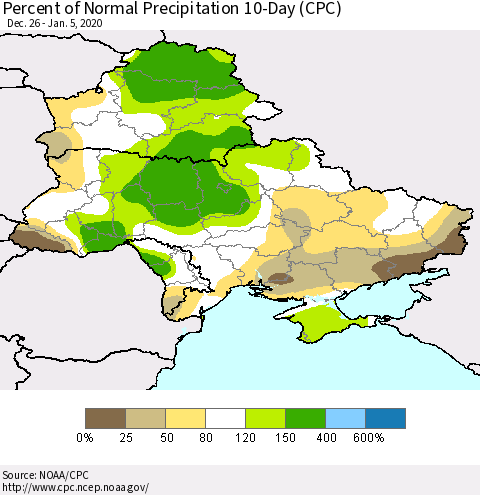 Ukraine, Moldova and Belarus Percent of Normal Precipitation 10-Day (CPC) Thematic Map For 12/26/2019 - 1/5/2020