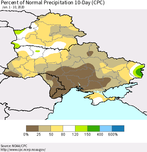 Ukraine, Moldova and Belarus Percent of Normal Precipitation 10-Day (CPC) Thematic Map For 1/1/2020 - 1/10/2020