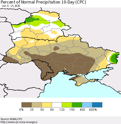 Ukraine, Moldova and Belarus Percent of Normal Precipitation 10-Day (CPC) Thematic Map For 1/6/2020 - 1/15/2020