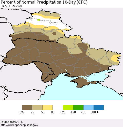 Ukraine, Moldova and Belarus Percent of Normal Precipitation 10-Day (CPC) Thematic Map For 1/11/2020 - 1/20/2020