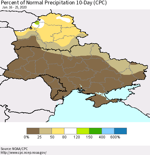 Ukraine, Moldova and Belarus Percent of Normal Precipitation 10-Day (CPC) Thematic Map For 1/16/2020 - 1/25/2020