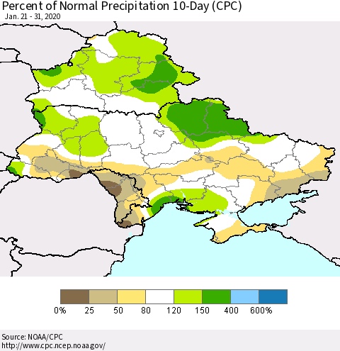 Ukraine, Moldova and Belarus Percent of Normal Precipitation 10-Day (CPC) Thematic Map For 1/21/2020 - 1/31/2020