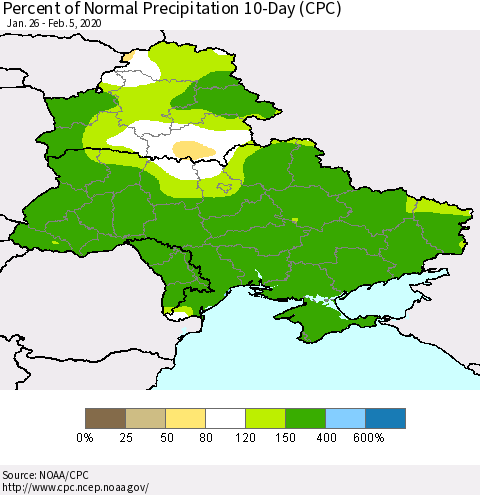 Ukraine, Moldova and Belarus Percent of Normal Precipitation 10-Day (CPC) Thematic Map For 1/26/2020 - 2/5/2020