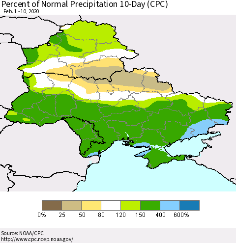 Ukraine, Moldova and Belarus Percent of Normal Precipitation 10-Day (CPC) Thematic Map For 2/1/2020 - 2/10/2020