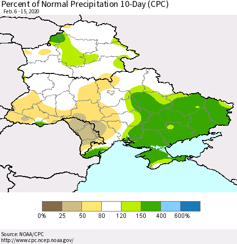 Ukraine, Moldova and Belarus Percent of Normal Precipitation 10-Day (CPC) Thematic Map For 2/6/2020 - 2/15/2020