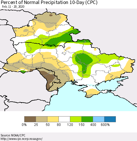 Ukraine, Moldova and Belarus Percent of Normal Precipitation 10-Day (CPC) Thematic Map For 2/11/2020 - 2/20/2020