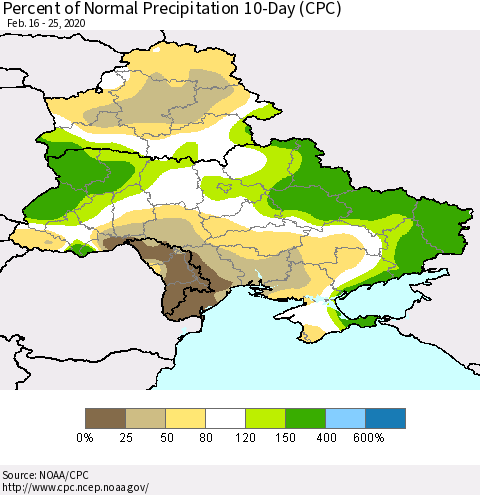 Ukraine, Moldova and Belarus Percent of Normal Precipitation 10-Day (CPC) Thematic Map For 2/16/2020 - 2/25/2020